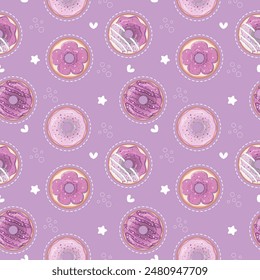 Seamless pattern with blueberry flavor donuts in nursery style. Sweet pastry vector illustration. Perfect for home textile, fabric print, baby shower, greeting card and wrapping paper design.