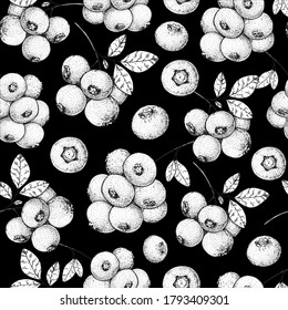Seamless pattern with blueberry. Hand drawn sketch. Black and white style illustration. Vector illustration.
