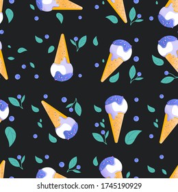 helado de arándano azul patrón ininterrumpido en un cono alrededor de hojas y arándanos sobre fondo negro