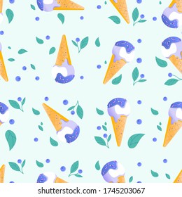 seamless pattern blueberry ice cream in a cone around leaves and blueberries