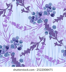 Seamless Pattern with Blueberry and Lavender. Color sketch style hand drawn background. Detailed illustration, hand drawn. Great for fabric and textile, prints, invitation, packaging