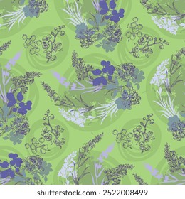 Seamless Pattern with Blueberry and Lavender. Color sketch style hand drawn background. Detailed illustration, hand drawn. Great for fabric and textile, prints, invitation, packaging