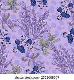 Seamless Pattern with Blueberry and Lavender. Color sketch style hand drawn background. Detailed illustration, hand drawn. Great for fabric and textile, prints, invitation, packaging