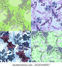 Seamless Pattern with Blueberry and Lavender. Color sketch style hand drawn background. Detailed illustration, hand drawn. Great for fabric and textile, prints, invitation, packaging