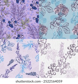 Patrón sin fisuras con arándano y lavanda. Estilo de boceto de color dibujado a mano de fondo. Ilustración detallada, dibujado a mano. Grande para la tela y la materia textil, impresiones, invitación, empaquetado