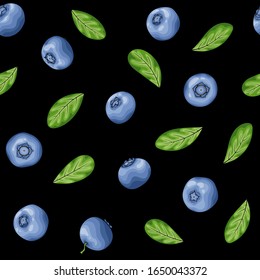 seamless pattern blueberry with leaves contour on Black background, symbol of summer. design holiday greeting card and invitation of seasonal summer holidays, beach parties, tourism and travel