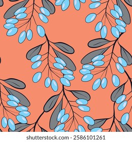 Seamless pattern with blueberry. Natural fresh ripe tasty blueberries. Vector illustration for background, packaging, textile, fabric and various other designs.