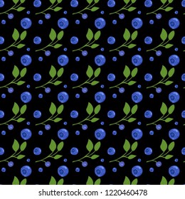 Seamless pattern with blueberry on black background