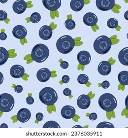 Patrón sin foco con arándano sobre fondo azul claro. Fresco y natural, deliciosos arándanos. Ilustración vectorial.