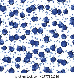 Seamless pattern with blueberry on white background. Natural fresh ripe tasty blueberries. Vector illustration for packaging, textile, fabric and various other designs.