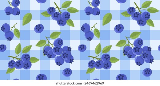 Seamless pattern with blueberry sprigs and green leaves on a blue checkered tablecloth