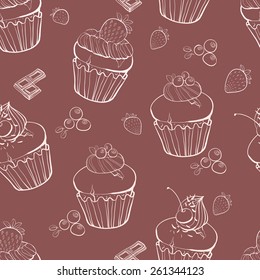Seamless pattern with the blueberry, strawberry, cherry doodle muffins