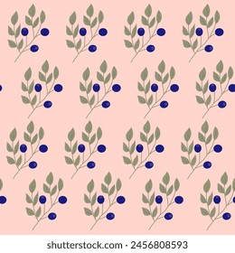 Seamless pattern of blueberry twigs hand-drawn in a flat style, medicinal and homeopathic plants, for decoration and design.