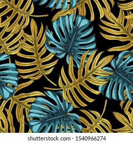 Seamless pattern. Blue-green and golden tropical leaves of exotic palm trees on a dark background. Textile composition, hand print style. Vector illustration.