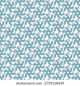 Seamless pattern of bluegreen leaves and flowers on white background