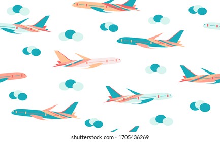 Patrón sin inconvenientes con un avión azul-verde y naranja y una nube azul-verde. Para tela,pantalones-T,textil,pañuelo de tela,pañuelo de seda,bandana,ropa de baño.
