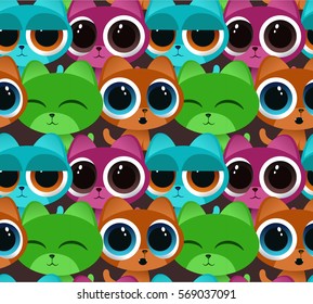 Seamless pattern of blue,green, purple and orange cartoon cats