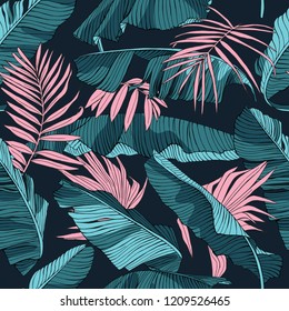 Seamless pattern. Blue-green Tropical banana leaves and a pink exotic palm on a dark background. Textile composition, hand drawn style print. Vector illustration.