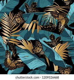 Seamless pattern. Blue-green Tropical banana leaves, gold exotic palm and butterflies on a dark background. Textile composition, hand drawn style print. Vector illustration.