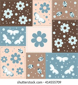 seamless pattern with blue-grey flowers, butterflies and lady bug  on square background, vector illustration