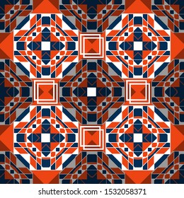 Seamless pattern with blue-orange geometric pattern and small white squares. Vector illustration