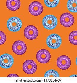 Seamless pattern. Blue-pink donuts with powder on an orange background.