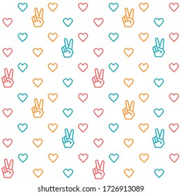 Seamless pattern. Blue,pink,red heart shapes and hand gesture V sign victory on white background.Vector minimalist illustration,for encourage, thank you frontline workers background, fabric, textile