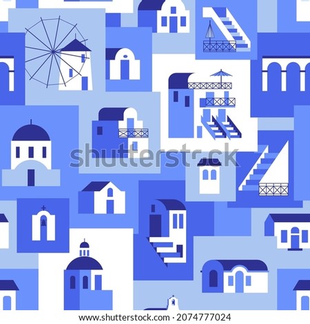 Seamless pattern with blue-white houses, mill, church, arch, steps. Vector illustration in flat style for touristic industry