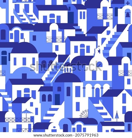 Seamless pattern with blue-white houses, mill, church, arch, steps. Vector illustration in flat style for touristic industry