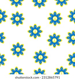 Patrón sin foco con flor azul-amarilla y signo de paz