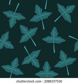 Seamless pattern bluish green leaves for fabric, wallpaper, wrapping paper, invitation card on dark background