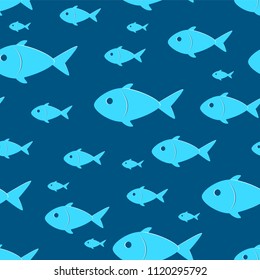 Seamless pattern with bluish size variative fish vector illustration on dark blue background. Useful as wallpaper of print for textile or fabric.