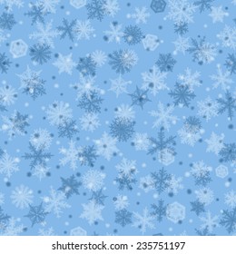 Seamless  pattern from blured snowflakes on blue background.