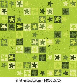 Seamless pattern. Blurred five-pointed stars inscribed in irregular squares are arranged in torn rows against the background of the placer of small spots. The colors of the summer forest. Editable.