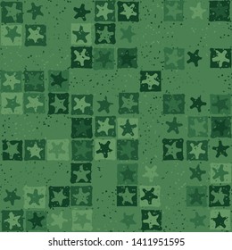 Seamless pattern. Blurred five-pointed stars inscribed in irregular squares are arranged in torn rows against the background of the placer of small spots. The colors of the summer forest. Editable.