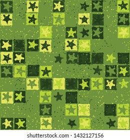 Seamless pattern. Blurred five-pointed stars inscribed in irregular squares are arranged in torn rows against the background of the placer of small spots. The colors of the summer forest. Editable.