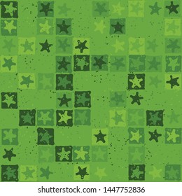Seamless pattern. Blurred five-pointed stars inscribed in irregular squares are arranged in torn rows against the background of the placer of small spots. The colors of the summer forest. Editable.