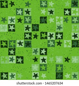Seamless pattern. Blurred five-pointed stars inscribed in irregular squares are arranged in torn rows against the background of the placer of small spots. The colors of the summer forest. Editable.