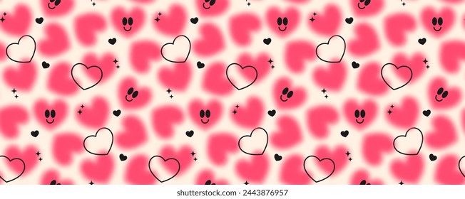 Patrón sin fisuras con corazones borrosos y elementos y2k. Vector de fondo romántico con formas suaves.