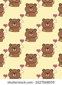 Seamless pattern of a blushing brown bear vector. Perfect for nursery prints, kids’ fabrics, scrapbook paper, and cute cartoon-themed digital backgrounds.