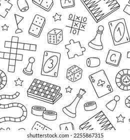 Seamless pattern of board games doodle. Checkers, chess, cards, backgammon in sketch style. Hand drawn vector illustration  svg