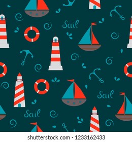 Seamless pattern with boat, anchor, lighthouse, life ring. Flat style vector illustration. 