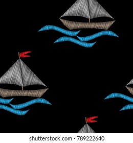Seamless pattern with boat with blue wave embroidery stitches imitation on black background. Embroidery vector backdrop with ship and water. 