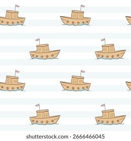 Patrón sin fisuras con garabatos de barco en estilo de crayón para niños. Lindo dibujo infantil juguetón fondo marino