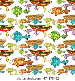 seamless pattern boat, fish, fishing vector illustration