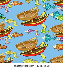seamless pattern boat, fish on the water background vector illustration