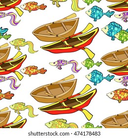 seamless pattern  of boat, fish vector illustration