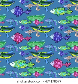 seamless pattern of boat, fishing at night vector illustration