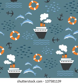 Seamless pattern with boat, lifebuoy, dolphin, anchor, school of fish