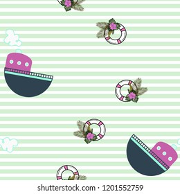 Seamless pattern with a boat and lifebuoy. Tropical background with life ring and leaves.